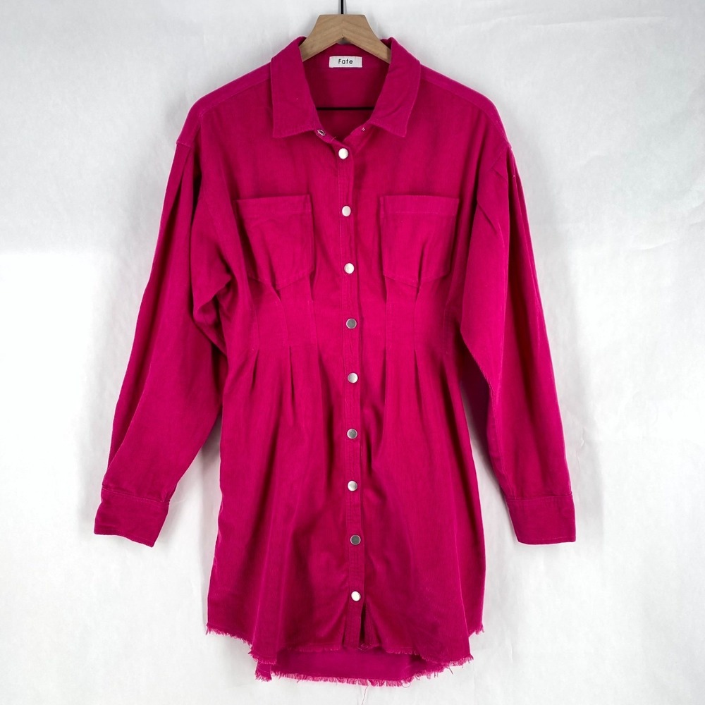 Fate Mini Shirt Dress Womens S Pink Corduroy Cotton Pleated Snap Front‎ Raw Hem